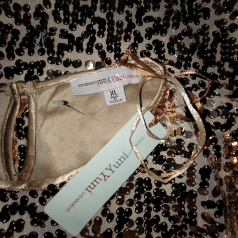 Yuni Los Angeles Champagne Gold Sequin Blouse XL Keyhole Back Party Top - Picture 4 of 6